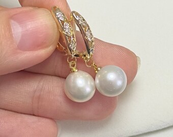 10mm Freshwater white pearl dangling earrings sterling silver gold plated