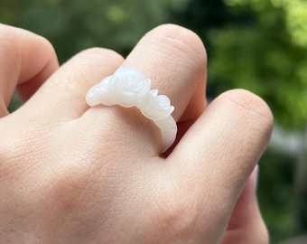 US7 White Jade Rose ring fat mutton Jade white nephrite ring band with certificate 1103