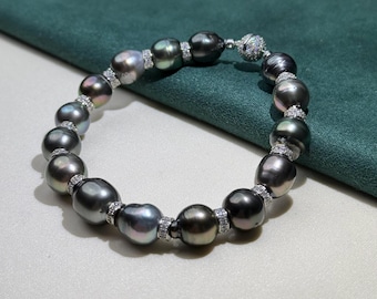 Tahitian Pearl Bracelet silver setting • Luxurious gift for him black pearl