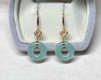 Translucent Type A Burmese jade green jadeite donut setting 18K solid yellow gold dangling hoop earrings certified natural 6531