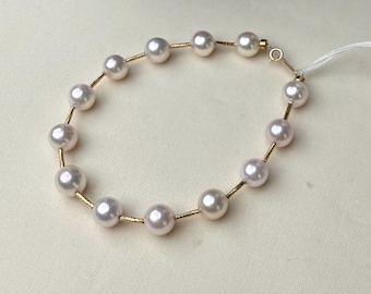 Bransoletka z pereł Akoya ze złota 18K o średnicy 7,5 mm | Klasyczna bransoletka z pereł Station | Minimalistyczna biżuteria | Elegancki prezent dla niej