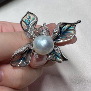 Floral Enamel Pendant Brooch 12mm South Sea white pearl setting sterling silver with rhinestones