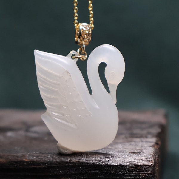 HeTian white jade carving swan sterling silver gold plated pendant