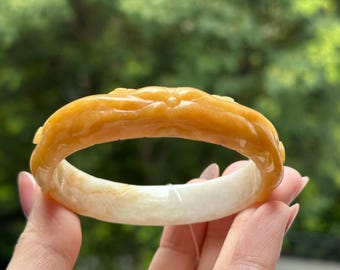 Sunlit Prosperity carving bangle 57mm Type A Burmese jade vivid yellow jadeite certified natural SC3711