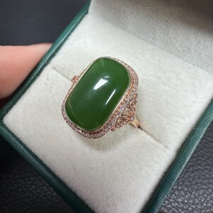 Statement Ring Siberian green nephrite cabochon setting 18K solid rose gold with certificate 2232 US7.25