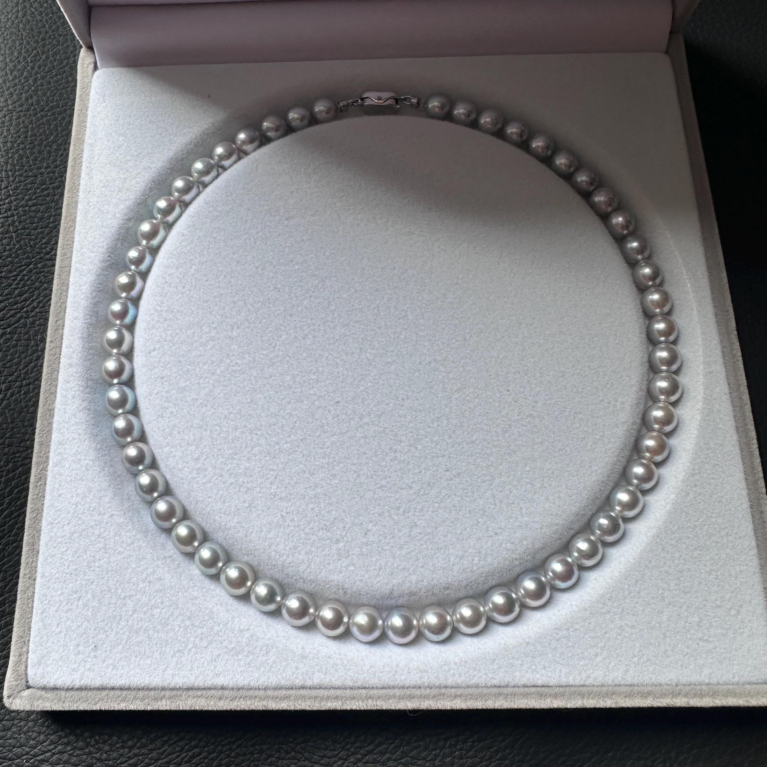希少カラー【未使用】アコヤ真珠 SILVER ネックレス 8mm 10mm 7.5～8mmアコヤ真珠シルバーグレー強光沢ネックレス（鑑定書付き