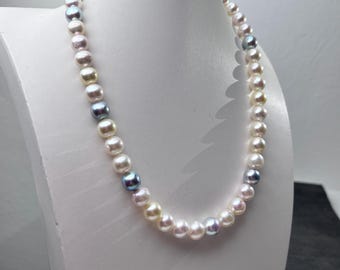 Large 9-10mm Natural Multicolor Akoya Pearl Necklace – Pastel Rainbow Overtone Japanese Akoya Pearls, Certified Luxury Pearl Strand  8134