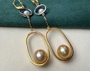 Pendientes colgantes de doble perla de oro de 18 quilates de joyería italiana / Perla de los Mares del Sur y perla akoya
