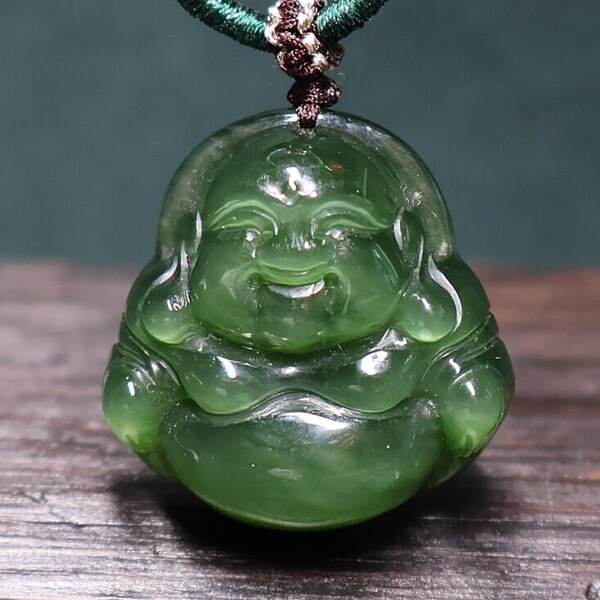 Siberian Green nephrite chatoyant cat's eye effect carving Laughing Buddha pendant necklace certified natural 碧玉猫眼佛公