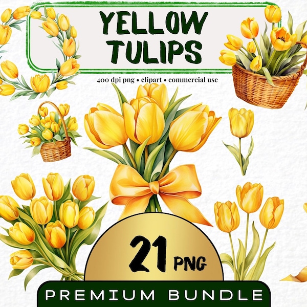 Yellow Tulip Clipart, Set of 21, Watercolor Tulip Png, Botanical art, Yellow Flower png, Floral Clip Art Bundle, Invitation Digital Download