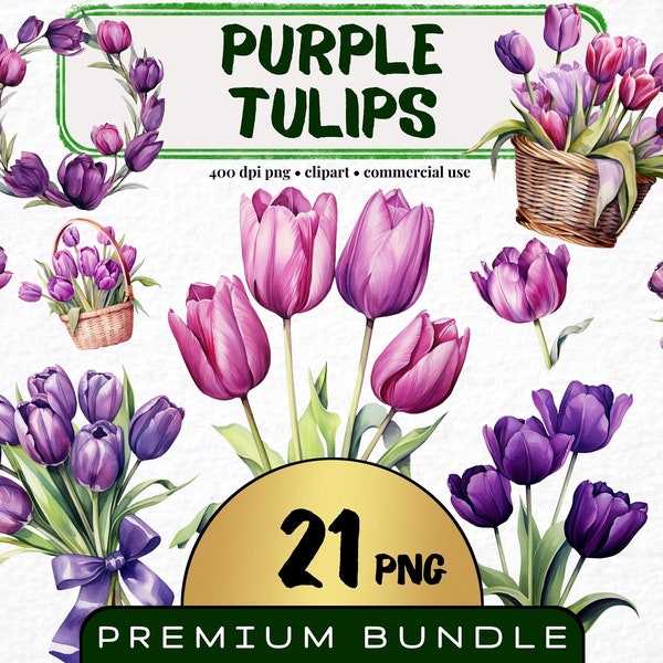 Purple Tulip Clipart, Set of 21, Watercolor Tulip Png, Botanical art, Purple Flower png, Floral Clip Art Bundle, Invitation Digital Download