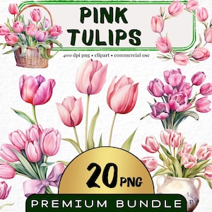 Roze tulp clipart, set van 20, aquarel tulp png, botanische ontwerpen, roze bloem png, floral clip art bundel uitnodiging, digitale download