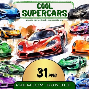 Aquarell Supersportwagen Clipart, Set von 31, Rennsport Sport Clipart, Rennauto png, Kinderzimmer Junge, Sportwagen, Instant Download, Digital Art
