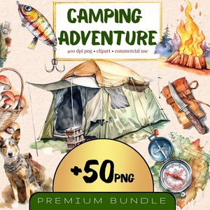 Camping avontuur clipartbundel, set van 50, aquarel campingitem, wild kampvuur, natuurreizen, vakantie, buitenplezier Camplife, SVG, png