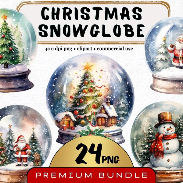 Christmas Snowglobe Clipart, Set of 24, Watercolor Snowglobe Png, Christmas Clipart, Holiday Png, Snowstorm Illustration, Digital Download