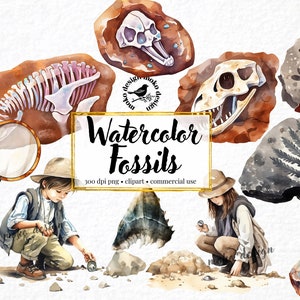 Aquarell Fossilien Clip Art Archäologie - Paläontologie Dinosaurier Prähistorische Clipart Transparent PNG Archäologen Geburtstag Sofortiger Download
