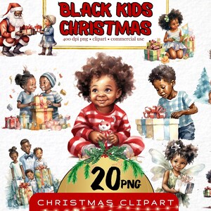 Wigilia Bożego Narodzenia Czarne Dzieci Akwarela Clipart, Zestaw 20, Christmasmsa Clipart Słodkie Dzieci png, Czarne Maluchy png, Czarne Dziecko clipart, sztuka cyfrowa