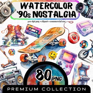 Clipart nostálgico dos anos 90, conjunto de 80, clipart retrô vintage em aquarela, gráfico de 1990, eletrônicos antigos, PNG transparente, arte digital dos anos 90