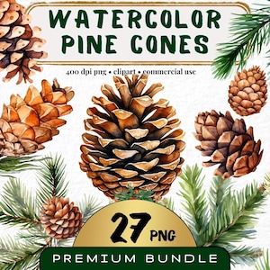 Watercolor Pine Cone Clipart, Set of 27, Christmas Decoration Clipart, Festive Greenery png, Winter Holiday design element, digital download