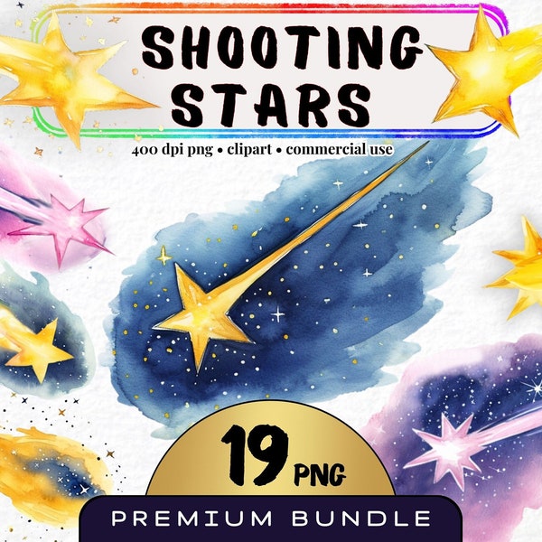 Watercolor Shooting Star Clipart, Set of 19, Magical Shooting Star Png, Star Clipart, Star png, Simple Watercolor Illustration, Digital art