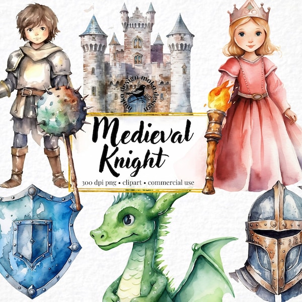 18 chevaliers médiévaux aquarelles Clip Art château moyen âge Clipart Fantasy princesse médiévale Clipart Téléchargement instantané Transparent Bundle png