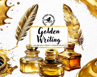 Imágenes prediseñadas de escritura con tinta dorada: pluma vintage, pluma de ave, tintero (PNG digital)
