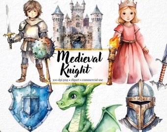 18 chevaliers médiévaux aquarelles Clip Art château moyen âge Clipart Fantasy princesse médiévale Clipart Téléchargement instantané Transparent Bundle png