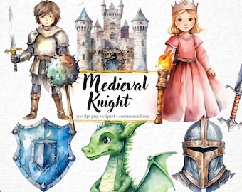 18 chevaliers médiévaux aquarelles Clip Art château moyen âge Clipart Fantasy princesse médiévale Clipart Téléchargement instantané Transparent Bundle png