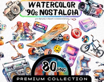 Nostalgic &#39;90s Clipart, Set of 80, Watercolor Vintage Retro Clipart, 1990 Graphic, Oldschool Electronics, Transparent PNG, 90&#39;s Digital Art