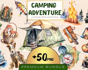 Camping Adventure Clipart bundle, Set of 50, Watercolor Camping Item, Wild Campfire, Nature Travel, Vacation, Outdoor fun Camplife, SVG, PNG