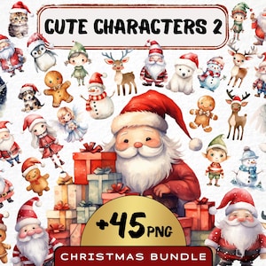Niedliche Weihnachtsfiguren Clipart, Aquarell Weihnachten Clip Art PNG Bundle, Weihnachtsmann, Rentier, Schneemann, Elfe, Lebkuchen für kommerzielle Nutzung