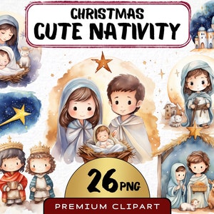 Lindo pesebre navideño, escena de la natividad, ilustración de Jesús en acuarela, gráficos de la Virgen María, ángel de Navidad, PNG para niños, descarga digital
