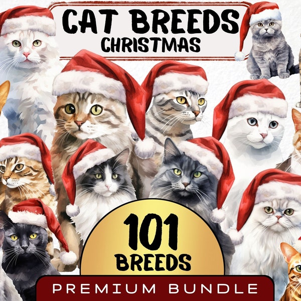 Christmas Cat Breed Clipart, Set of 101, Watercolor Cat png, Cat Breed with santa hat PNG Art, Cute Cat download, Xmas Kitten Digital Prints