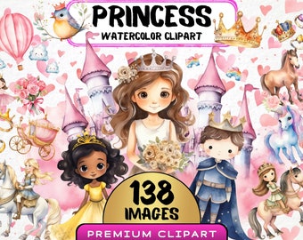 Watercolor Princess Clipart Bundle, Pink Nursery Art (138 PNG Files)