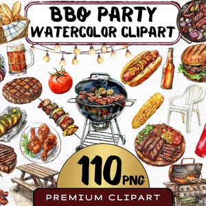 以下が含まれることがあります： 水彩画のBBQパーティー用クリップアートセット110点。ホットドッグ、ハンバーガー、とうもろこし、グリルチキン、ステーキ、野菜などの食べ物。グリル、ピクニックテーブル、その他のパーティー用品も含まれています。