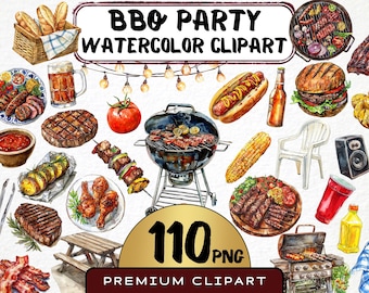 Puede incluir: Conjunto de clipart de acuarela de 110 elementos para una fiesta de barbacoa. Incluye alimentos como hot dogs, hamburguesas, maíz en la mazorca, pollo asado, bistec y verduras. También incluye una parrilla, una mesa de picnic y otros suministros para fiestas.