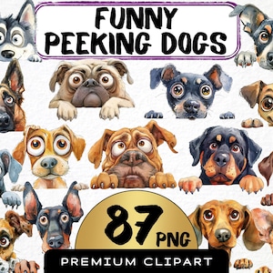Funny Peeking Dogs Clipart Bundle 87 Png, Watercolor Dog, Dog Portrait, Quirky Cartoon Dog Face Illustration, Commercial Use, Digital art