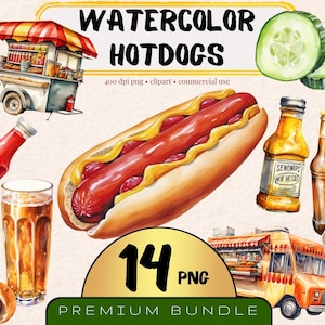 Aquarell Hotdog Clipart Bundle, Fast Food Grafiken, 14er-Set, Street Food Png Hotdog und Bier Illustration Mahlzeit, Ketchup Clipart Bundle
