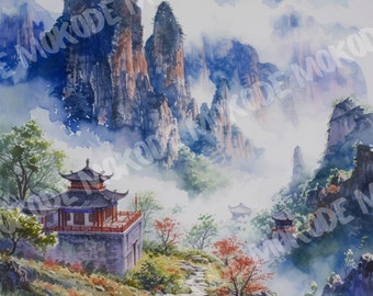 11 High Quality Watercolor Chinese Mountain Temple Designs