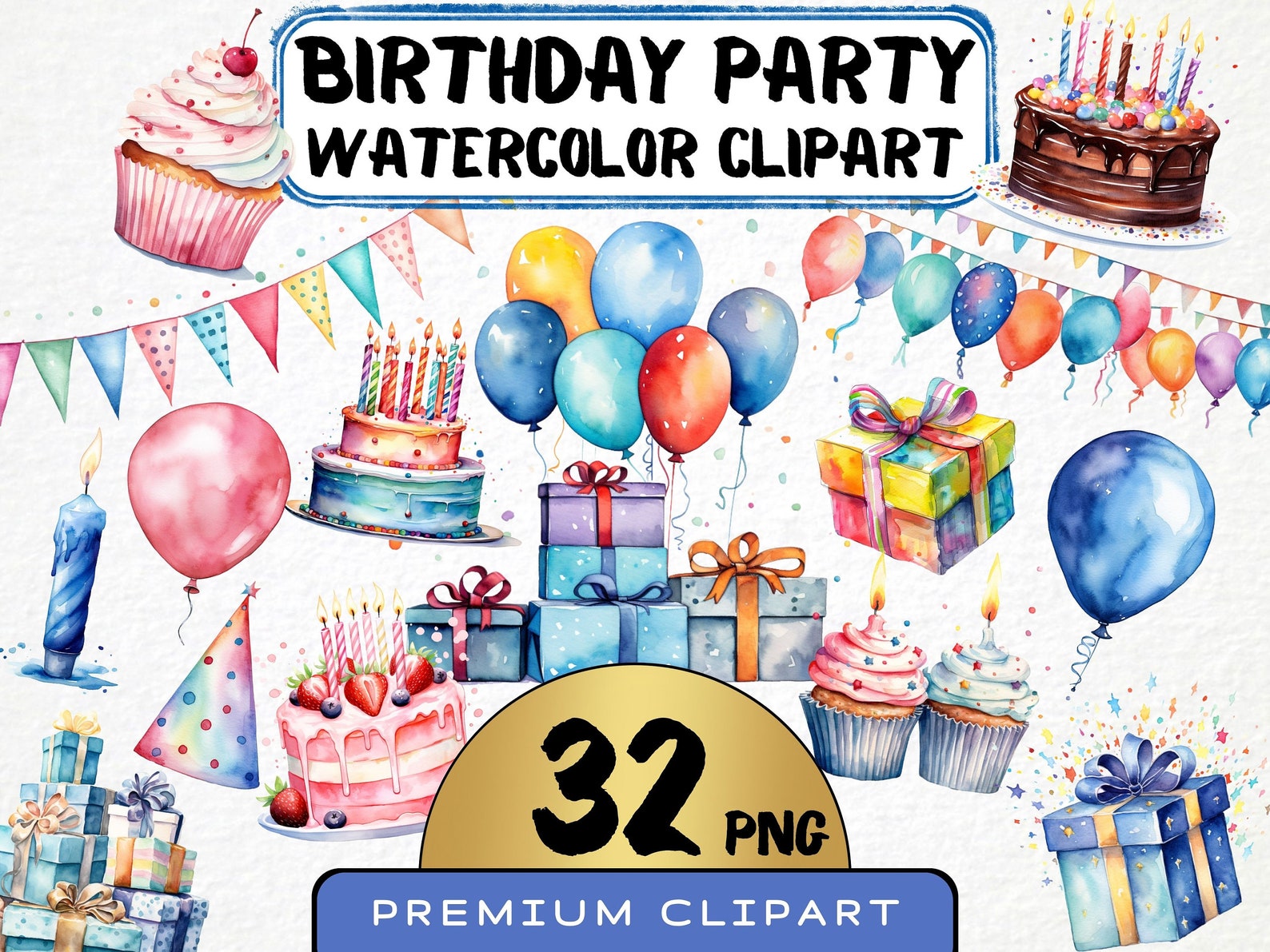 Watercolor Birthday Party Clipart 31 Png Happy Birthday Cake Invitation ...