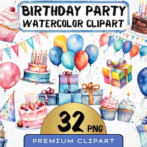 Aquarel verjaardagsfeestje clipart 31 png Happy Birthday Cake-uitnodiging, ballonviering, cadeautjes, commercieel gebruik, Instant Download