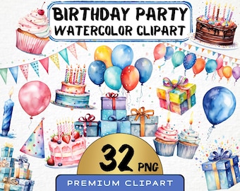 Watercolor Birthday Party Clipart 31 Png Happy Birthday Cake Invitation, Balloon Celebration, Presents, Commercial Use, Instant Download