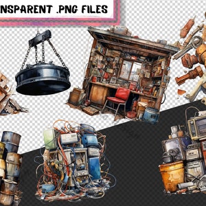 May include: A digital illustration of a junkyard scene with various items including a pile of scrap metal, a magnet crane, a small building, a pile of barrels, a pile of electronics, and a pile of appliances. The illustration is painted in a watercolor style.