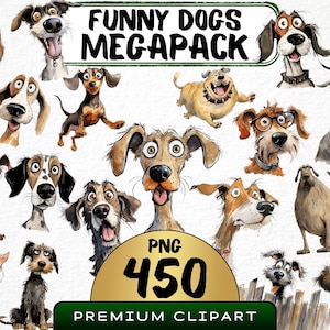 Funny Dogs Megabundle Clipart 450 Png, Cute Dogs Watercolor,  Quirky Puppy Graphics, Angry Dog, Cartoon Animal, Digital Download Prints