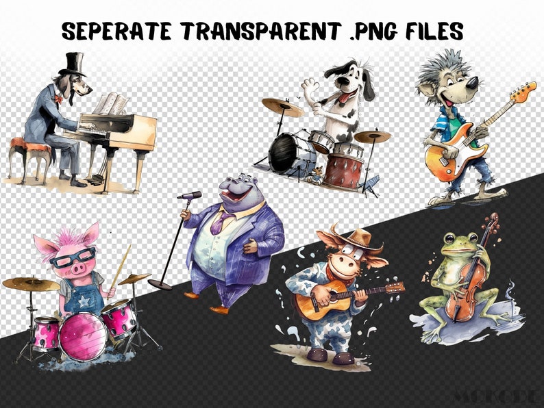 May include: A set of watercolor illustrations featuring various animals playing musical instruments. A dog plays the piano, a dog plays the drums, a wolf plays the guitar, a pig plays the drums, a hippopotamus sings into a microphone, a bull plays the guitar, and a frog plays the cello.