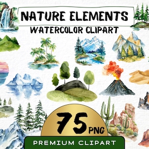Akwarela Elementy Natury Clipart 75 Png, Urocze Minimalistyczne Krajobrazy, Biomy, Tropikalna Wyspa, Las Natychmiastowe Pobieranie, Użytek Komercyjny