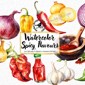 20 Aquarell würzige Aromen Clip Art Chili Paprika Aquarell Clip Art Zwiebeln Kunst Knoblauch Gewürze Scrapbooking Essen Clipart Paprika png Gewürze