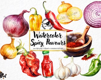Clipart aquarelle de saveurs épicées, piment, ail, oignons (téléchargement numérique)