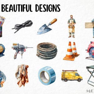 May include: Watercolor illustrations of various construction and art supplies, including paintbrushes, rope, a trowel, a drill, traffic cones, a saw, a van, and a folding stool. The text "102 BEAUTIFUL DESIGNS" is at the top.