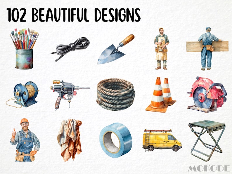 May include: Watercolor illustrations of various construction and art supplies, including paintbrushes, rope, a trowel, a drill, traffic cones, a saw, a van, and a folding stool. The text "102 BEAUTIFUL DESIGNS" is at the top.
